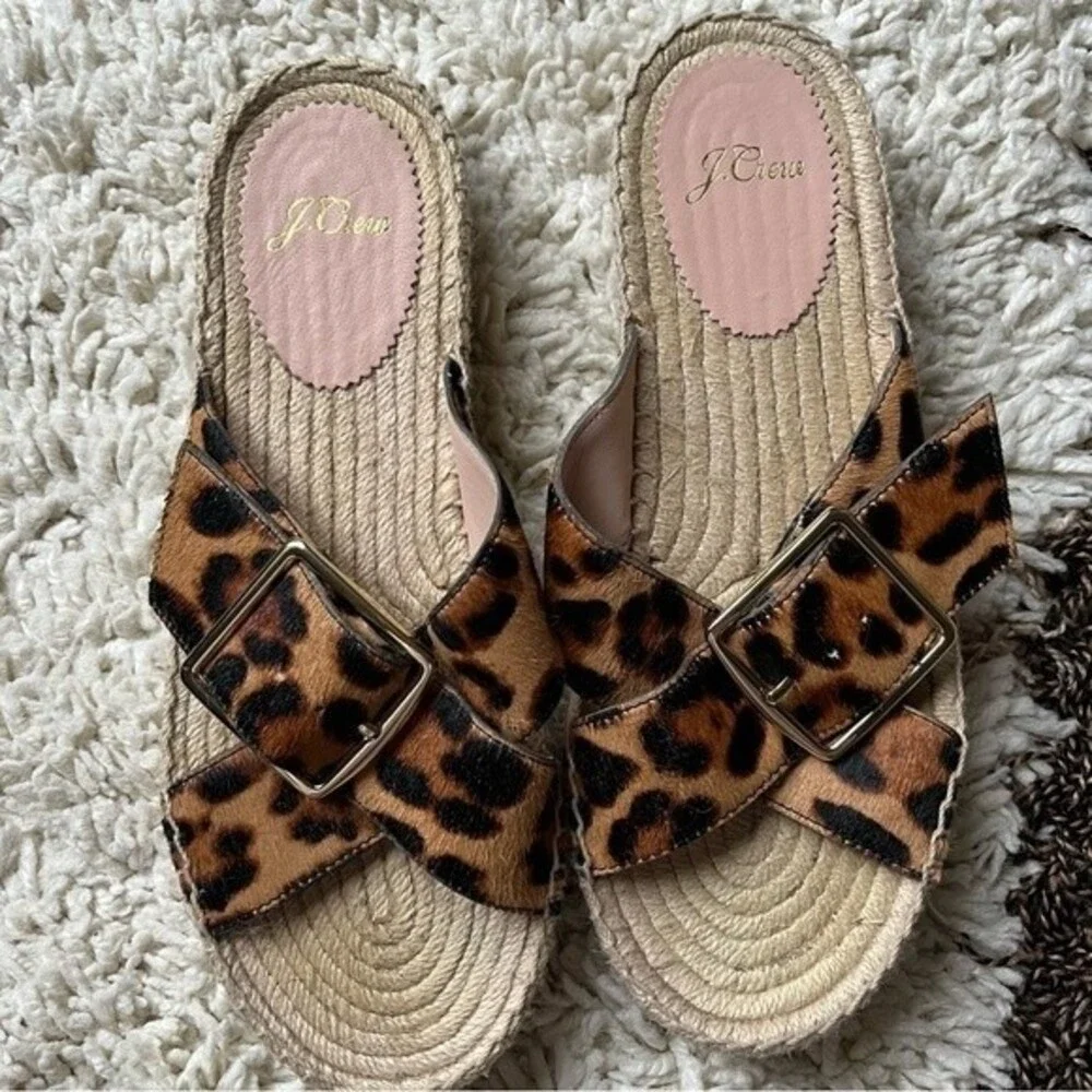 J. Crew Cross Strap Leopard Pattern Slide Espadrilles in Calf Hair 8.5 NWOB